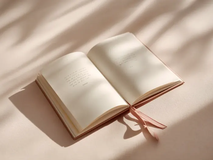 Open journal with a dusty rose ribbon bookmark